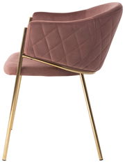 Seitliche Ansicht eines Armlehnstuhls mit rosa Polsterung und goldenen Metallbeinen.