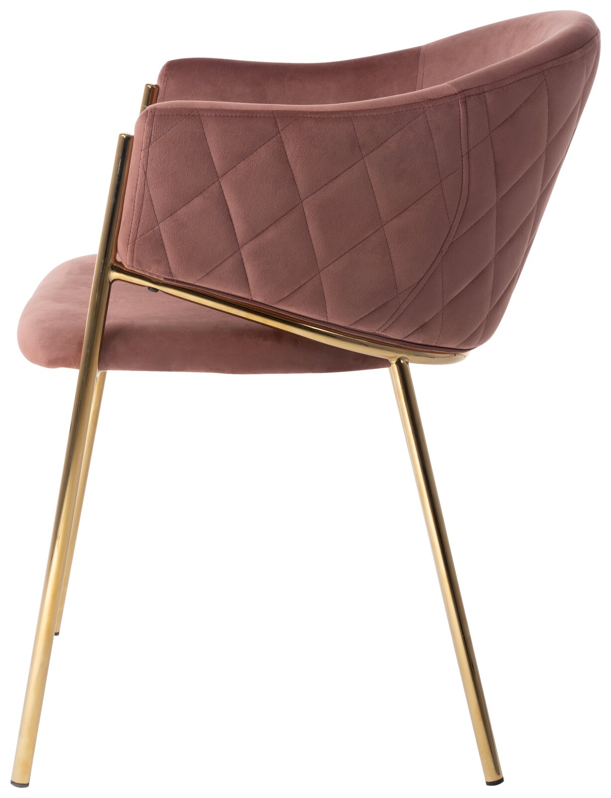 Seitliche Ansicht eines Armlehnstuhls mit rosa Polsterung und goldenen Metallbeinen.