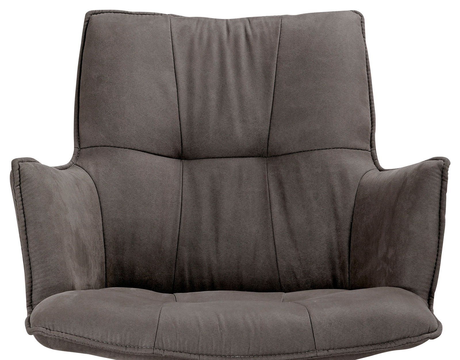 Grauer Drehsessel in Frontalansicht mit gepolsterter Rückenlehne und Armlehnen.