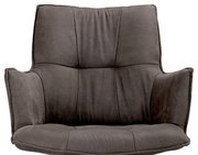 Grauer Drehsessel in Frontalansicht mit gepolsterter Rückenlehne und Armlehnen.