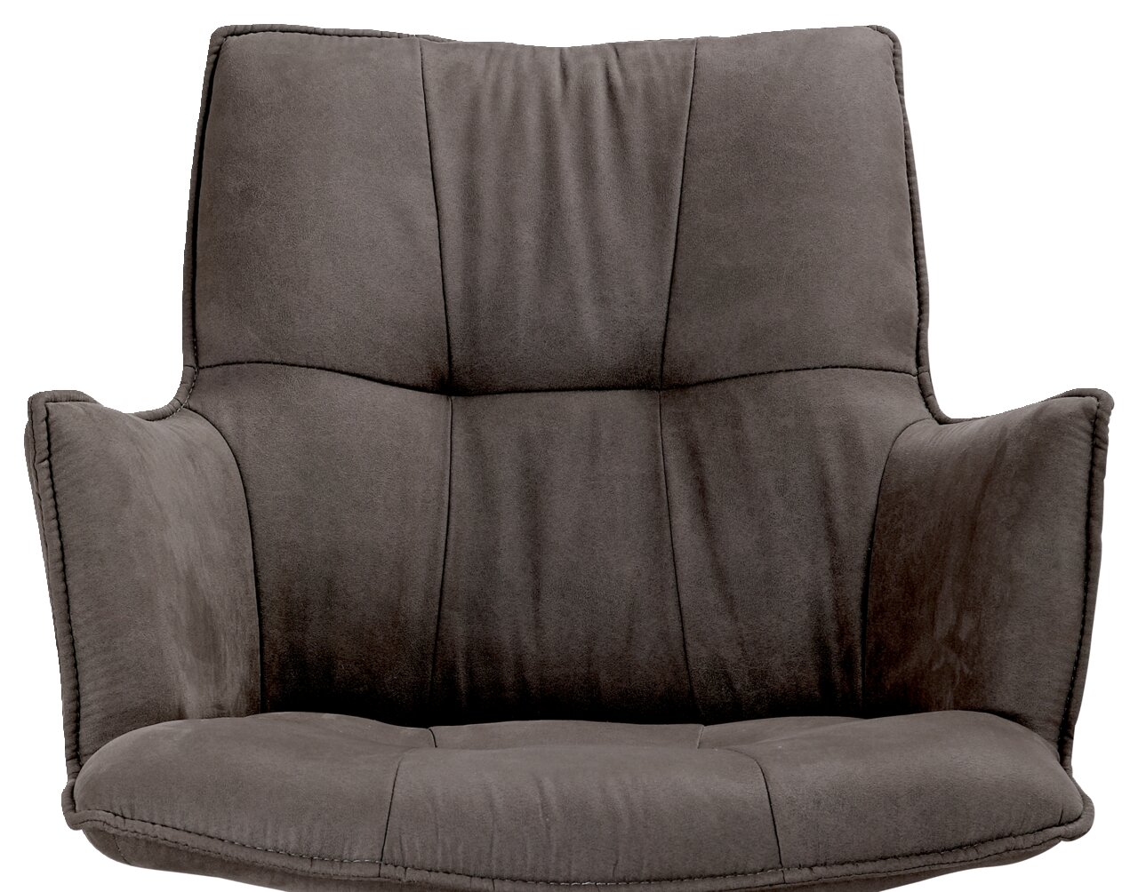 Grauer Drehsessel in Frontalansicht mit gepolsterter Rückenlehne und Armlehnen.