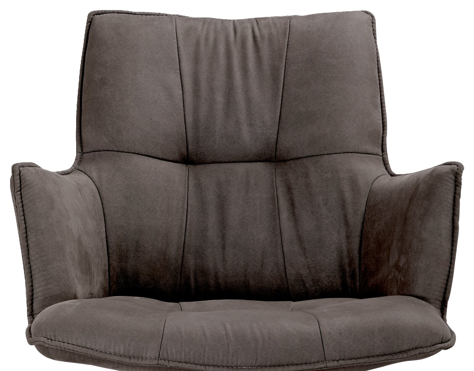 Grauer Drehsessel in Frontalansicht mit gepolsterter Rückenlehne und Armlehnen.