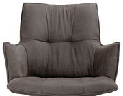 Grauer Drehsessel in Frontalansicht mit gepolsterter Rückenlehne und Armlehnen.