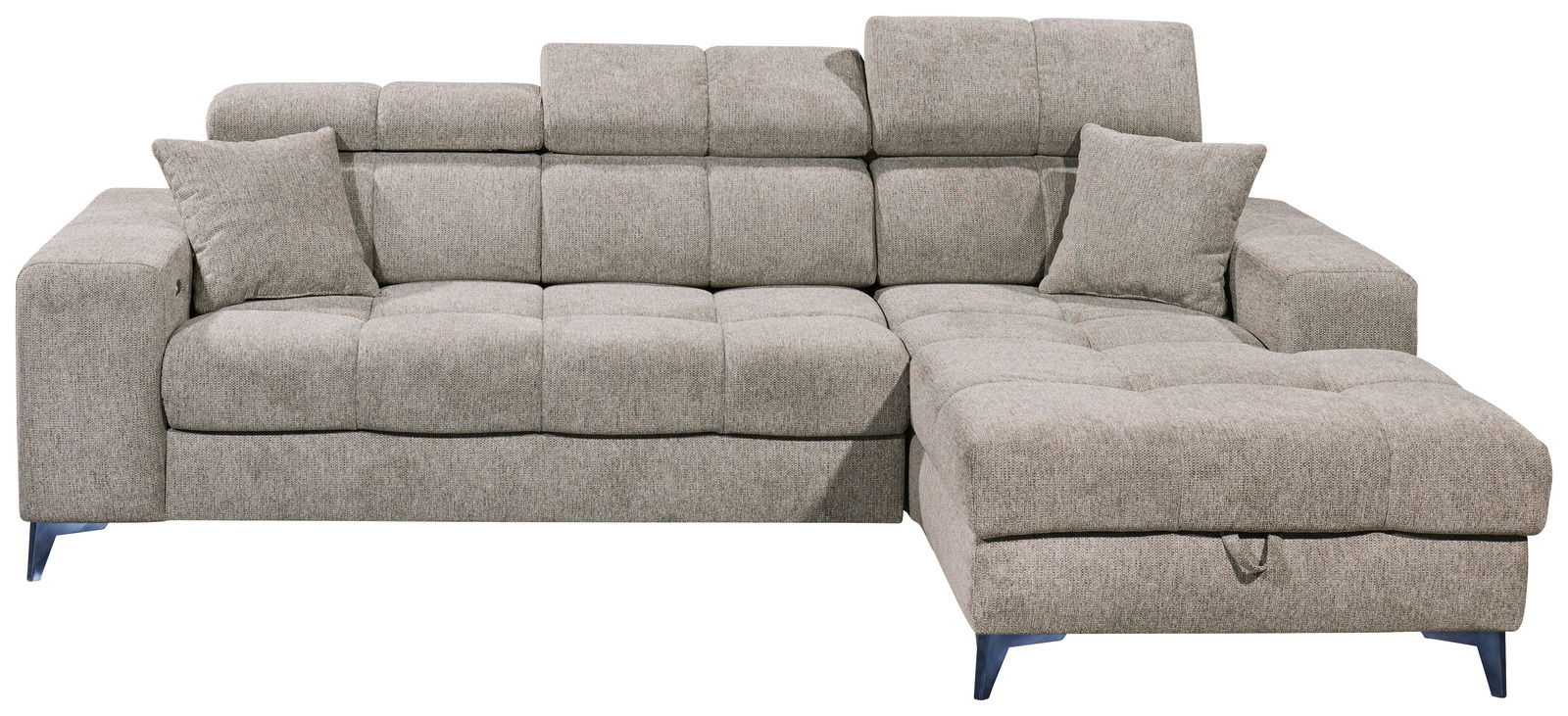 Graues Ecksofa mit verstellbaren Kopfstützen und zwei Kissen, frontal betrachtet.