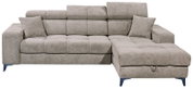 Graues Ecksofa mit verstellbaren Kopfstützen und zwei Kissen, frontal betrachtet.