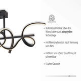 Moderne Deckenleuchte CURLS mit geschwungenem Design, seitliche Perspektive, stufenlos dimmbar mit simplydim Technologie.