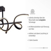 Moderne Deckenleuchte CURLS mit geschwungenem Design, seitliche Perspektive, stufenlos dimmbar mit simplydim Technologie.