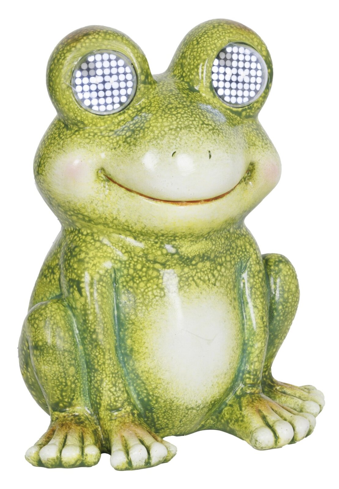 Frontalansicht eines lächelnden Solar-Frosches aus Polyresin mit leuchtenden Augen.