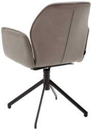 Achterkant van een moderne fauteuil met grijze bekleding en een zwart metalen frame