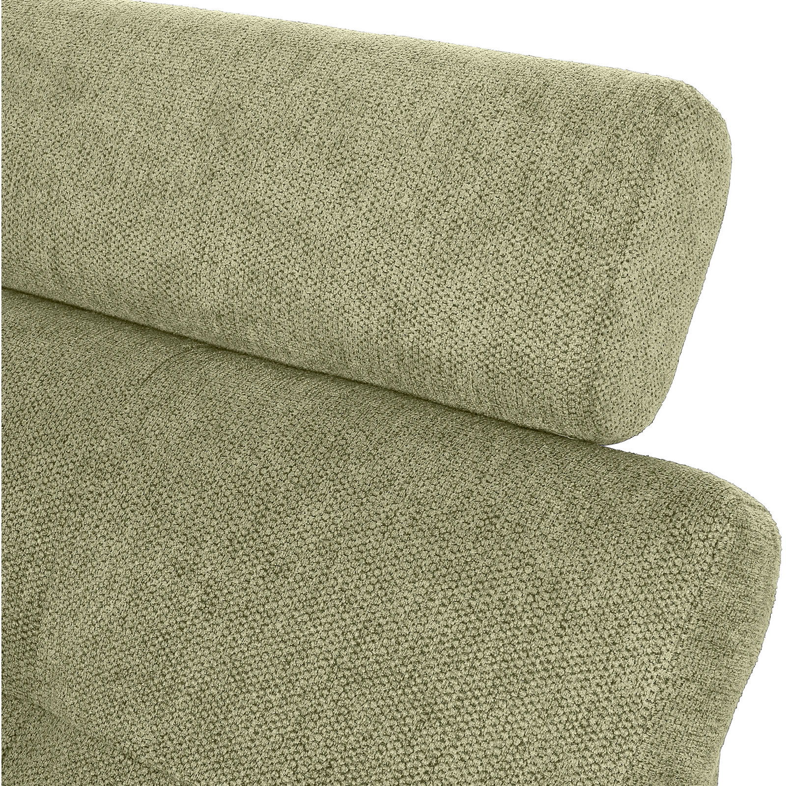 Hom´in Wohnlandschaft MAURIS Nahaufnahme einer grünen, texturierten Sofaecke mit runder Rückenlehne, seitliche Perspektive