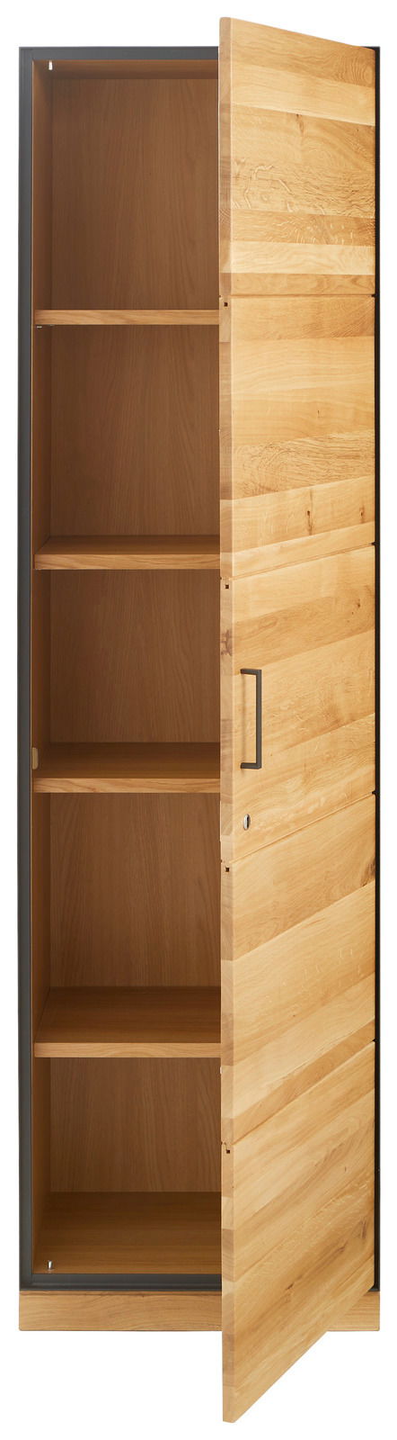 Holz-Aktenschrank mit geöffneter Tür, drei Regalböden sichtbar, Perspektive von vorne rechts