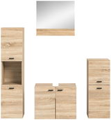 Badezimmermöbel-Set in Holzoptik, bestehend aus einem Spiegel, einem Waschbeckenunterschrank und zwei Hochschränken, frontal abgebildet.