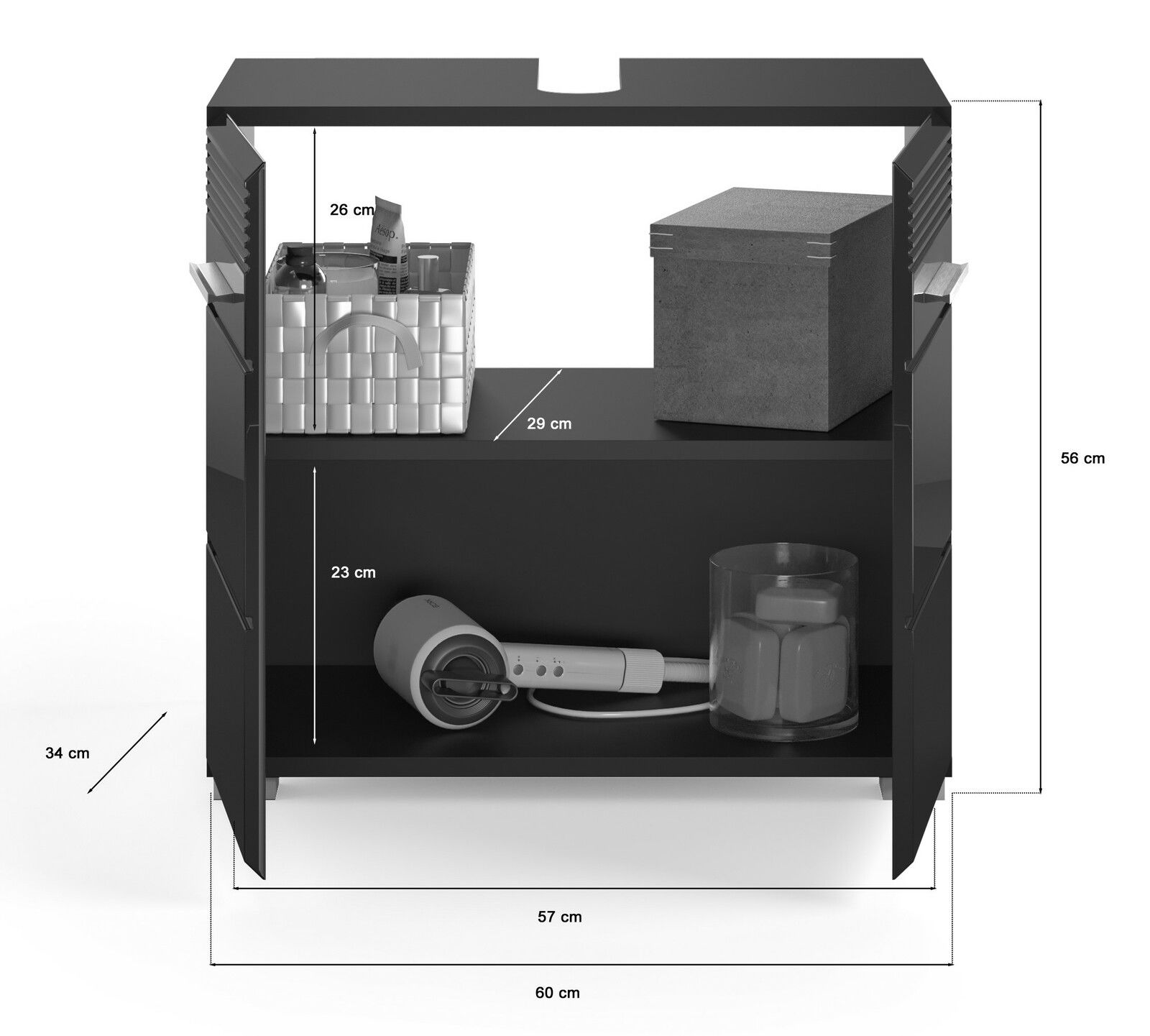 Frontale Ansicht einer schwarzen Badkombination mit zwei offenen Türen, die verschiedene Badezimmerartikel wie einen Föhn, eine Aufbewahrungsbox und einen Korb zeigt. Maße: 60 cm Breite, 56 cm Höhe, 34 cm Tiefe.