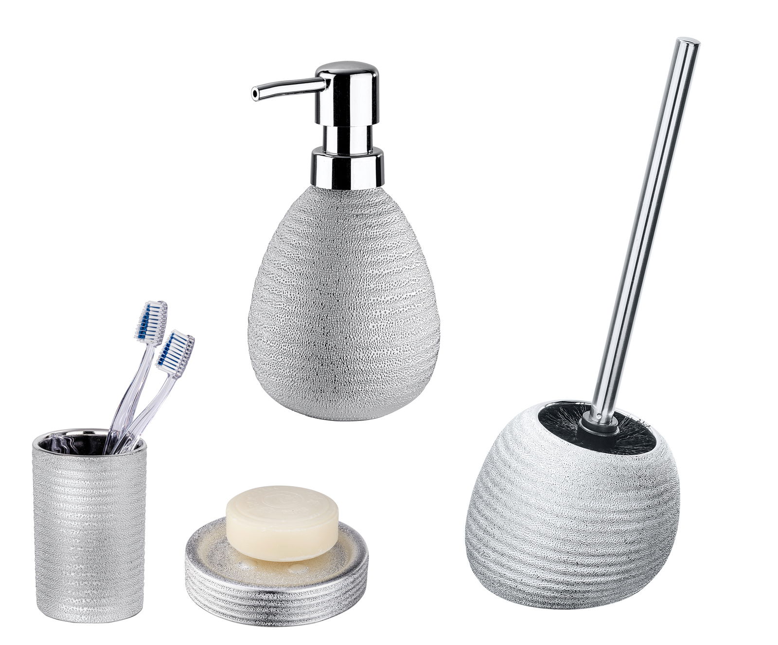 Keramik Zahnputzbecher Polaris Ju in silberner Farbe, abgebildet aus der Vorderansicht mit strukturiertem Design, zusammen mit passendem Seifenspender, Seifenschale und Toilettenbürstenhalter.