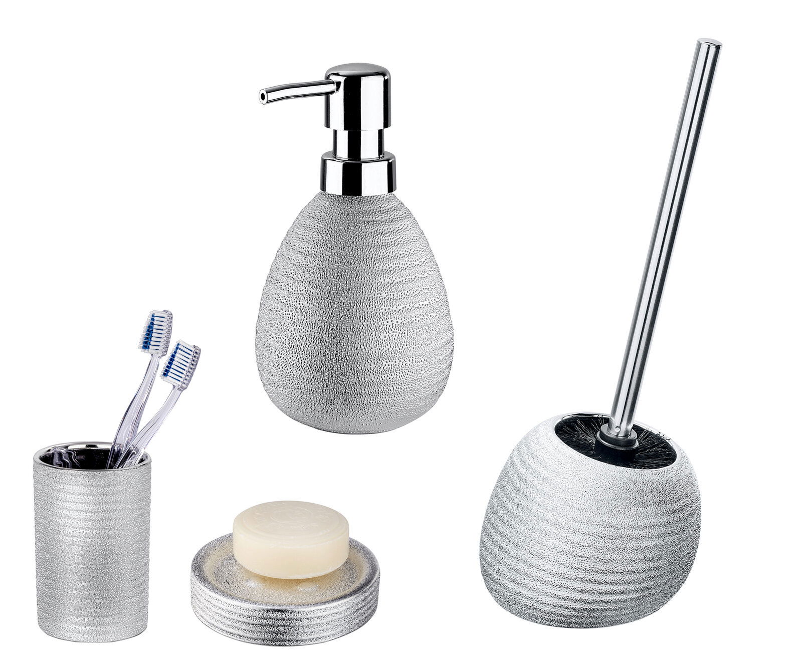 Keramik Zahnputzbecher Polaris Ju in silberner Farbe, abgebildet aus der Vorderansicht mit strukturiertem Design, zusammen mit passendem Seifenspender, Seifenschale und Toilettenbürstenhalter.