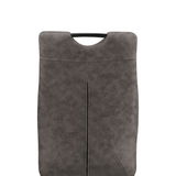 Rückansicht eines grauen Schwingstuhls mit gepolsterter Rückenlehne und modernem Design.