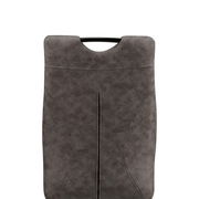 Rückansicht eines grauen Schwingstuhls mit gepolsterter Rückenlehne und modernem Design.