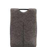 Rückansicht eines grauen Schwingstuhls mit gepolsterter Rückenlehne und modernem Design.