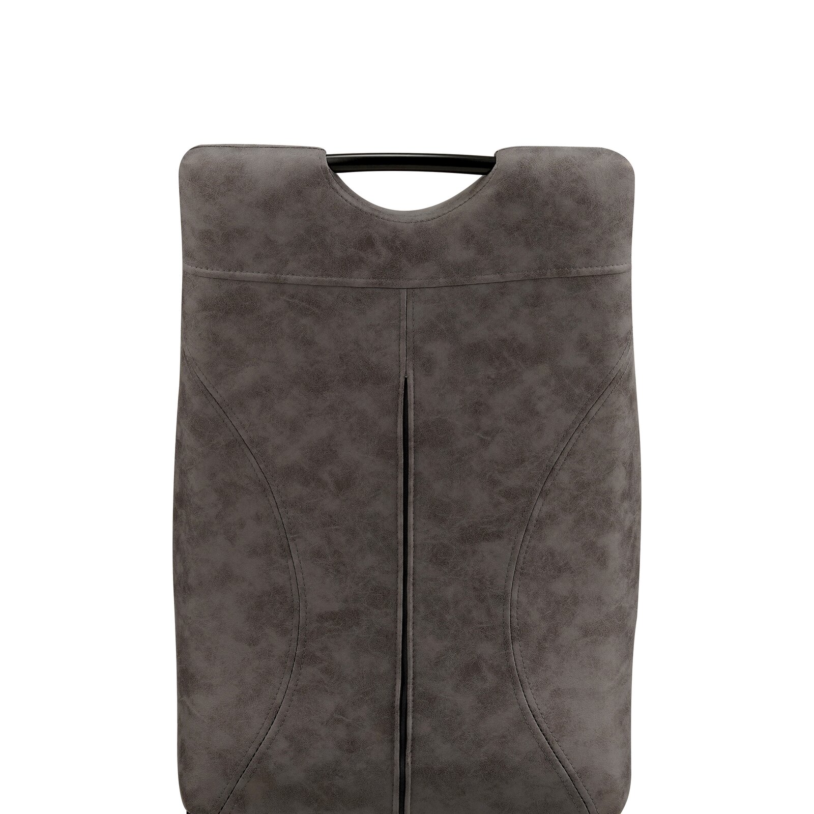 Rückansicht eines grauen Schwingstuhls mit gepolsterter Rückenlehne und modernem Design.