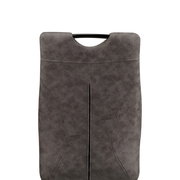 Rückansicht eines grauen Schwingstuhls mit gepolsterter Rückenlehne und modernem Design.