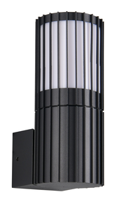 Moderne schwarze Außenwandleuchte mit vertikalen Streben, seitliche Perspektive
