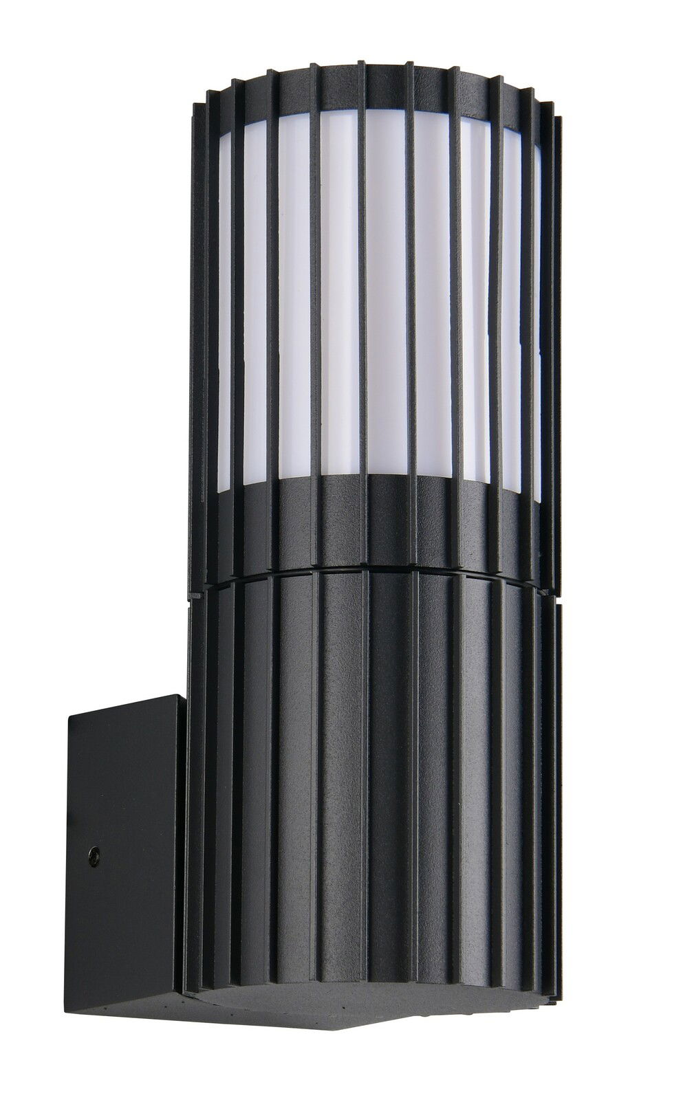 Moderne schwarze Außenwandleuchte mit vertikalen Streben, seitliche Perspektive