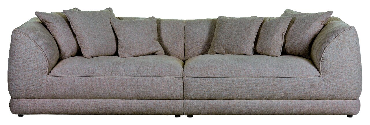 Großes, gemütliches Sofa ROMANTICO in beige mit mehreren Kissen, frontal betrachtet.