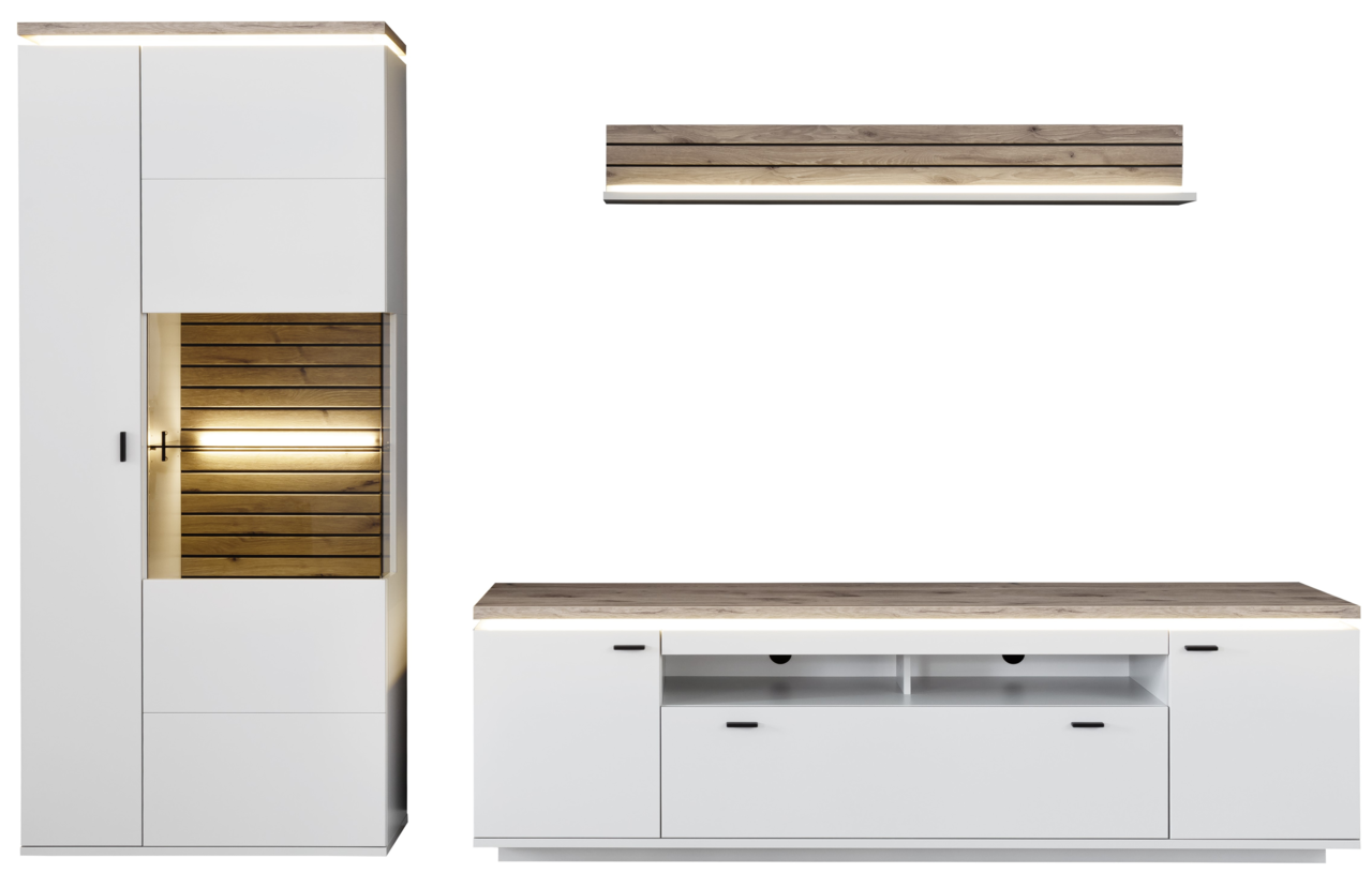 Stylife Wandkombination mit Beleuchtung ESTEPONA Moderne Wandkombination in Weiß mit Holzdetails, bestehend aus einem hohen Schrank, einem TV-Board und einem Wandregal. Frontalansicht.