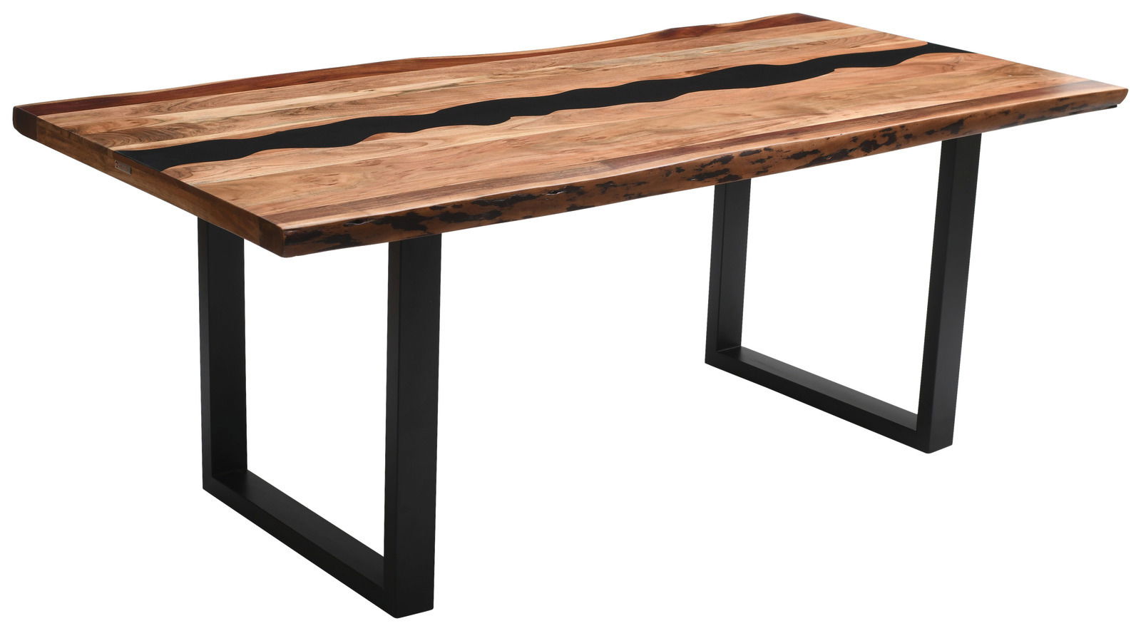 Moderner Esstisch aus Holz mit schwarzem Metallgestell, seitliche Perspektive