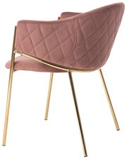 Rückansicht eines eleganten Armlehnstuhls mit rosa, gestepptem Stoffbezug und goldenen Metallbeinen.