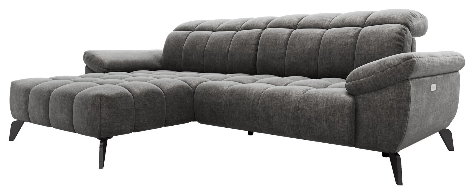 Graues Longchair-Sofa mit linker Armlehne, moderne Polsterung und schwarze Beine, seitliche Perspektive