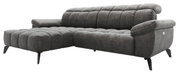 Graues Longchair-Sofa mit linker Armlehne, moderne Polsterung und schwarze Beine, seitliche Perspektive
