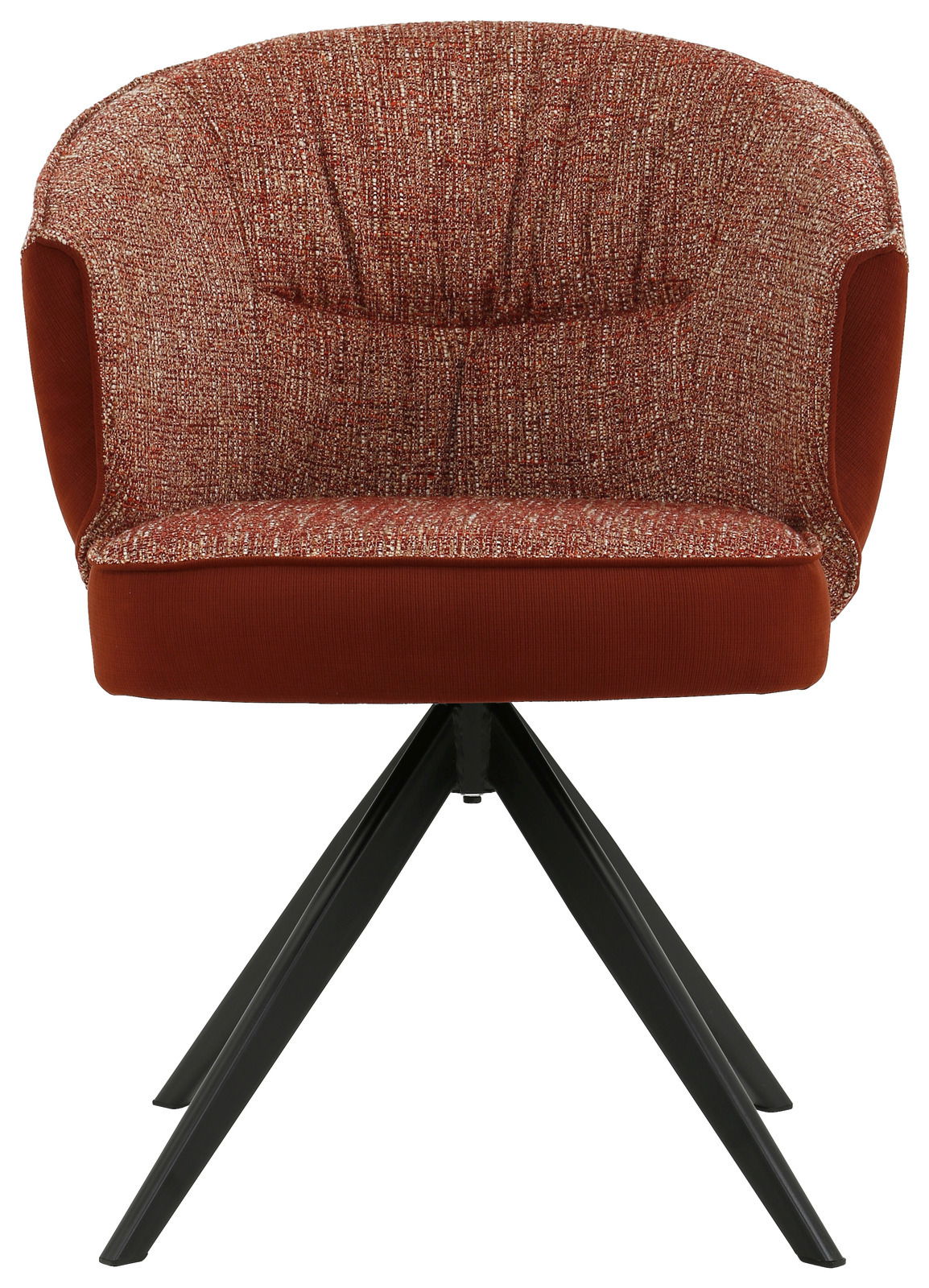 Roter Armlehnstuhl mit gepolsterter Sitzfläche und Rückenlehne, schwarzes Metallgestell, Frontalansicht