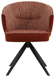 Roter Armlehnstuhl mit gepolsterter Sitzfläche und Rückenlehne, schwarzes Metallgestell, Frontalansicht