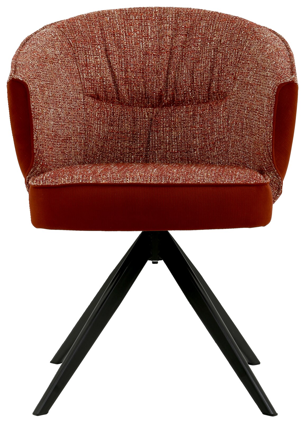 Rode fauteuil met gestoffeerde zitting en rugleuning, zwart metalen frame, vooraanzicht