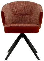 Rode fauteuil met gestoffeerde zitting en rugleuning, zwart metalen frame, vooraanzicht