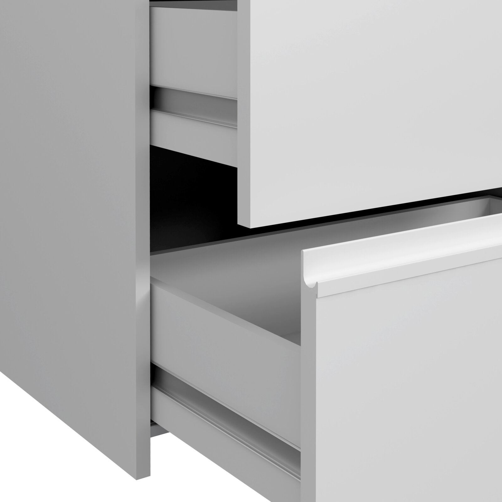 Nahaufnahme eines geöffneten Schwebetürenschranks mit zwei Schubladen in modernem Design, seitliche Perspektive.