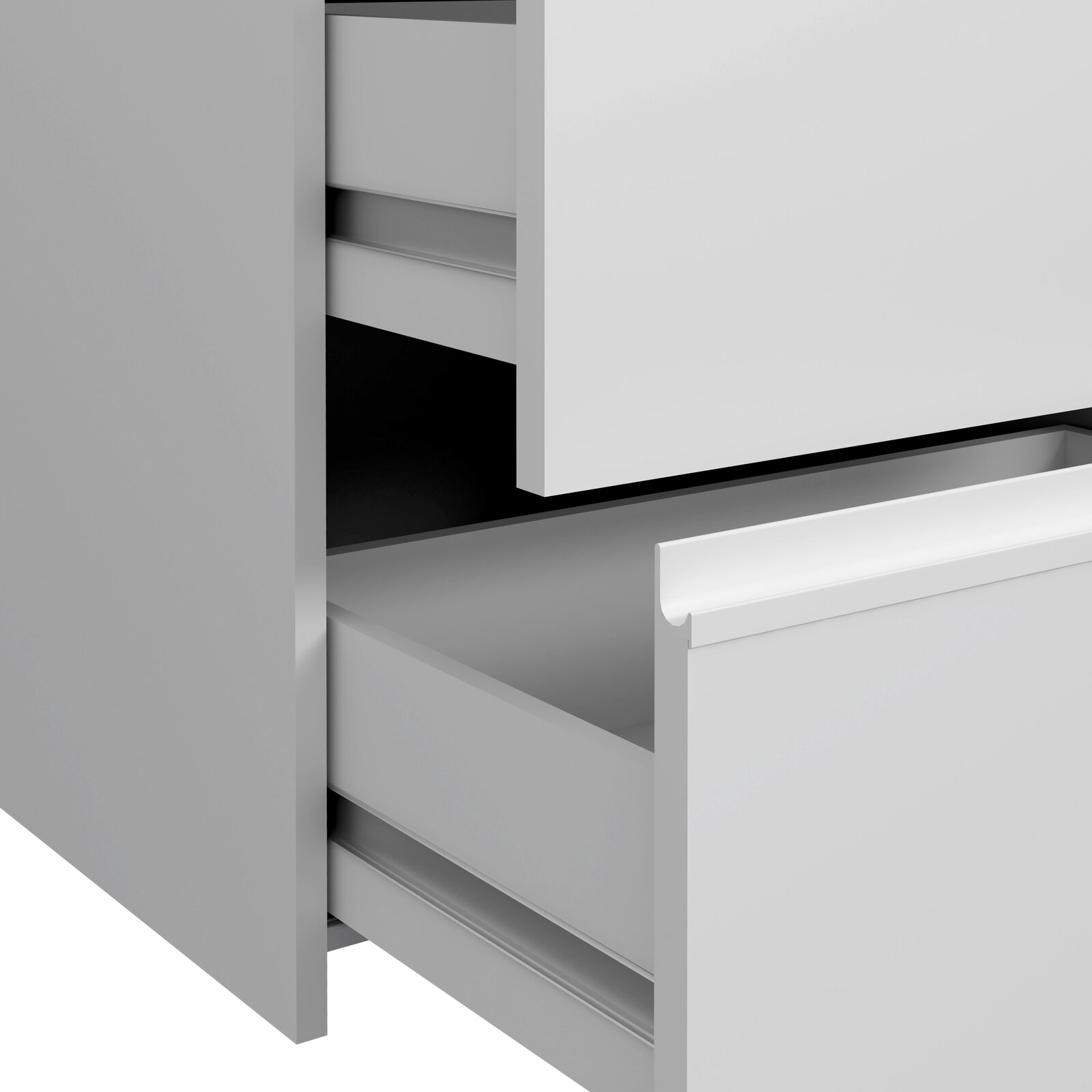 Nahaufnahme eines geöffneten Schwebetürenschranks mit zwei Schubladen in modernem Design, seitliche Perspektive.