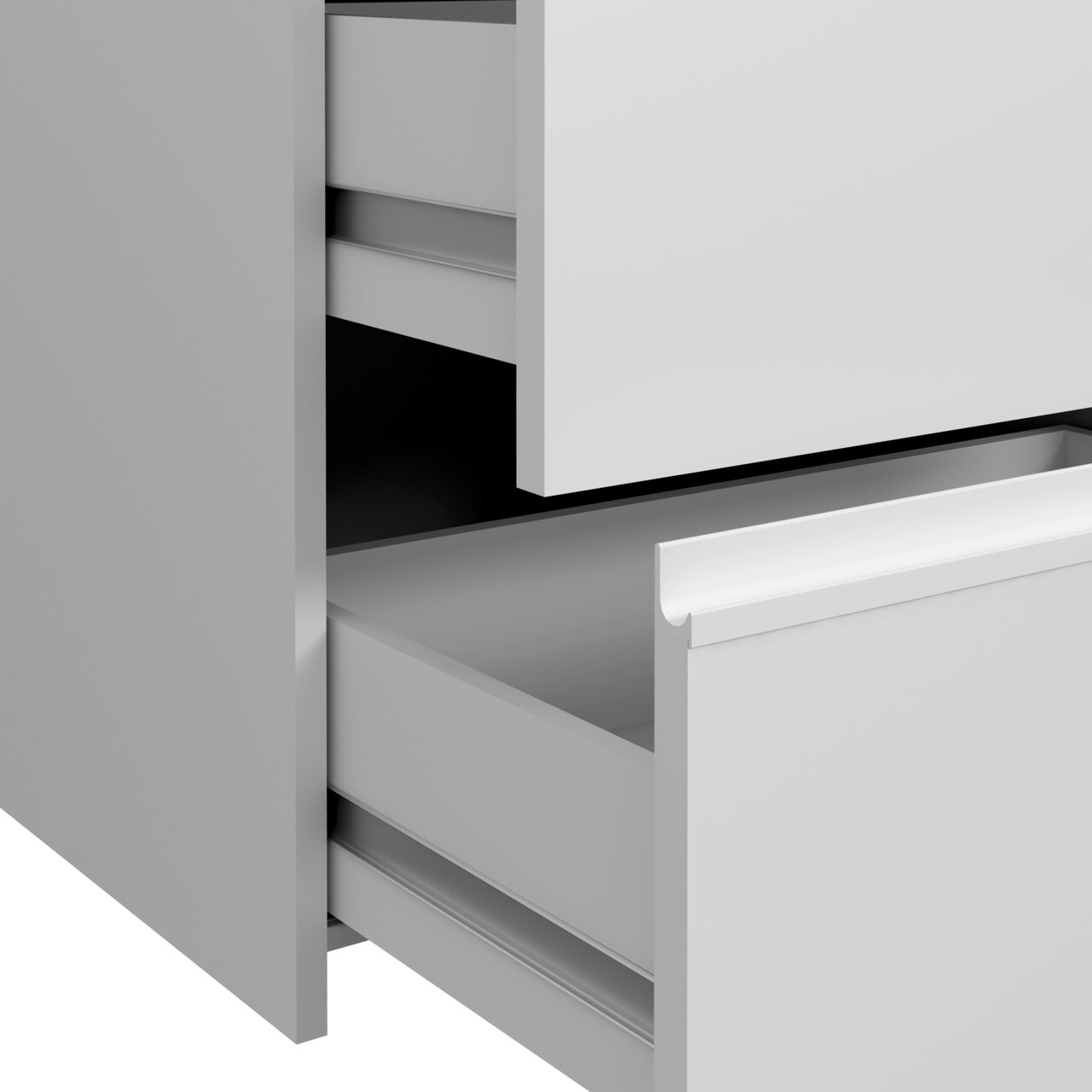 Nahaufnahme eines geöffneten Schwebetürenschranks mit zwei Schubladen in modernem Design, seitliche Perspektive.