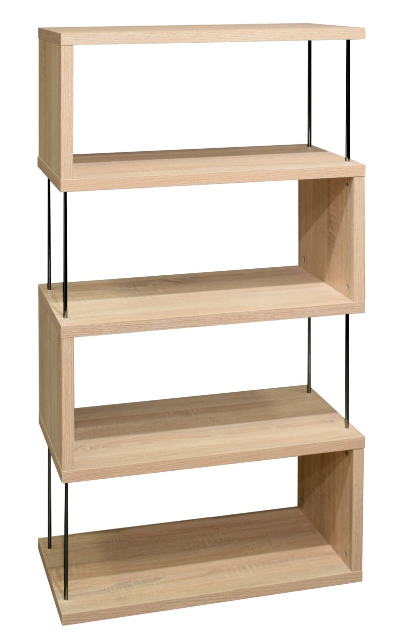 Standregal aus hellem Holz mit vier offenen Fächern, seitliche Perspektive