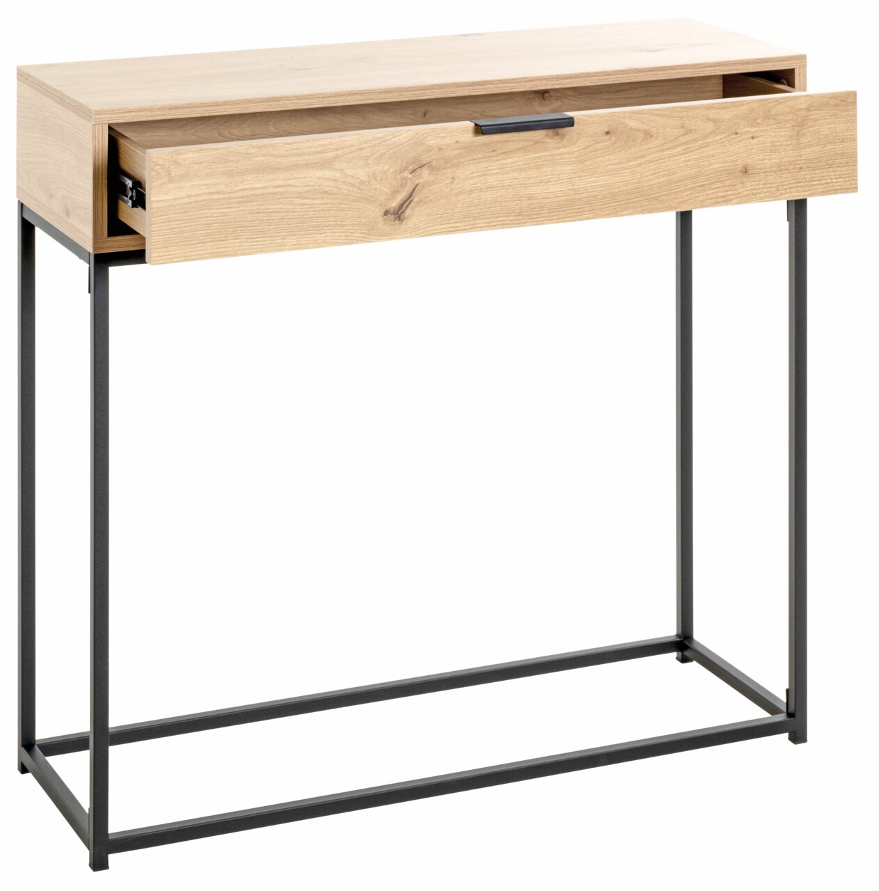 Holzkonsole mit Metallgestell, Schublade leicht geöffnet, seitliche Perspektive