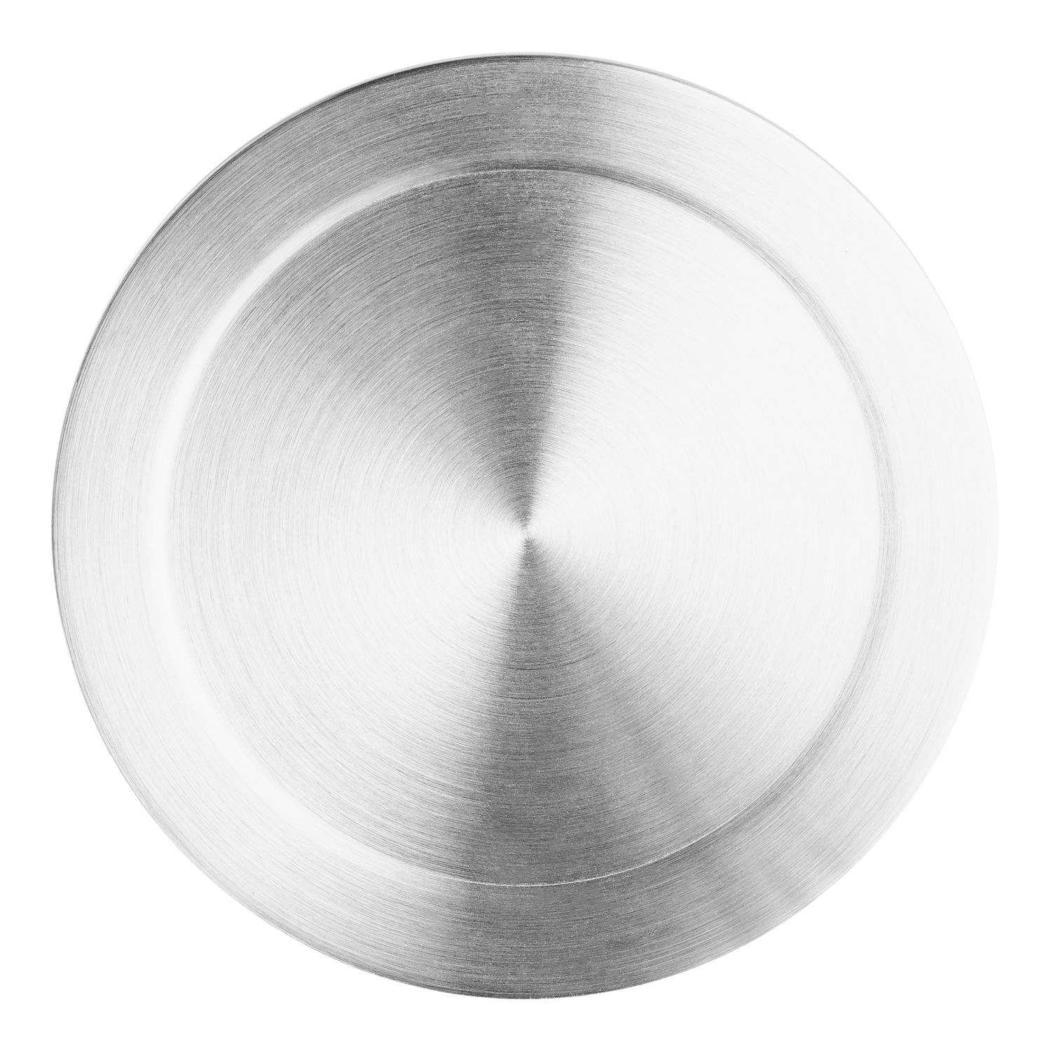 Ansicht von oben auf einen runden, silbernen Metalldeckel mit gebürsteter Oberfläche.
