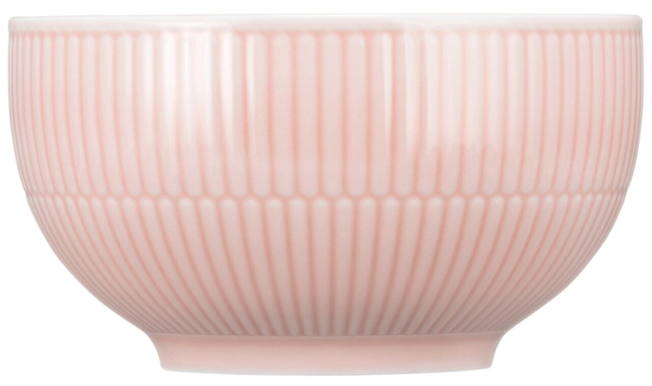 Rosa Müslischale mit vertikalem Rillenmuster, seitliche Perspektive
