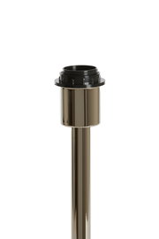 Nahaufnahme eines glänzenden Lampenfußes aus Metall mit schwarzem Sockel, frontal betrachtet.