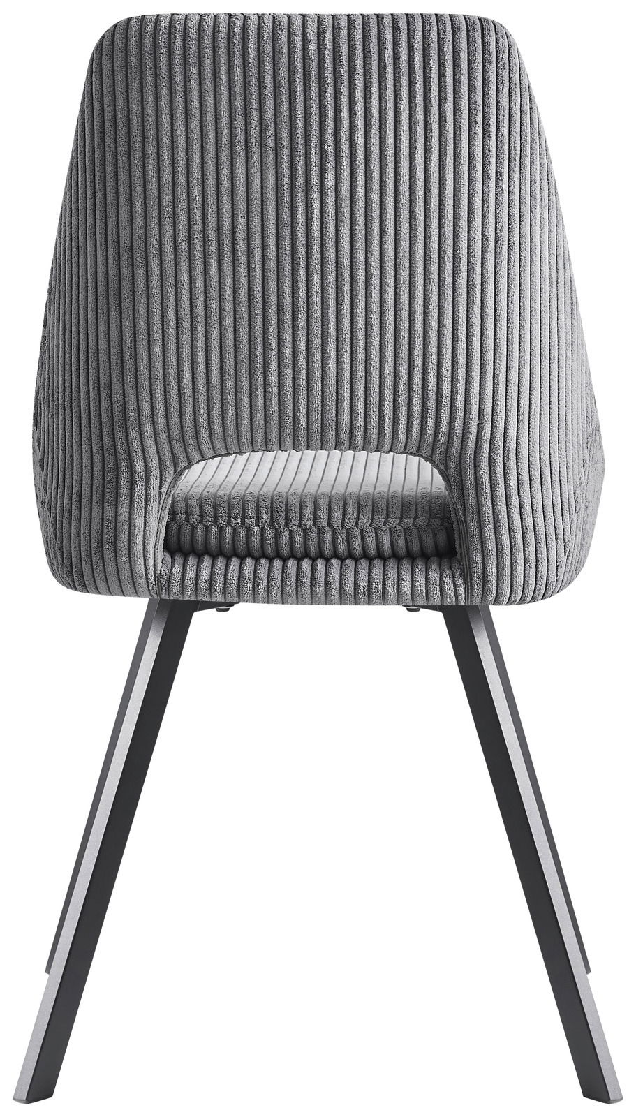Rückansicht eines modernen grauen Stuhls mit geripptem Stoffbezug und schwarzen Metallbeinen.