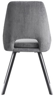 Rückansicht eines modernen grauen Stuhls mit geripptem Stoffbezug und schwarzen Metallbeinen.