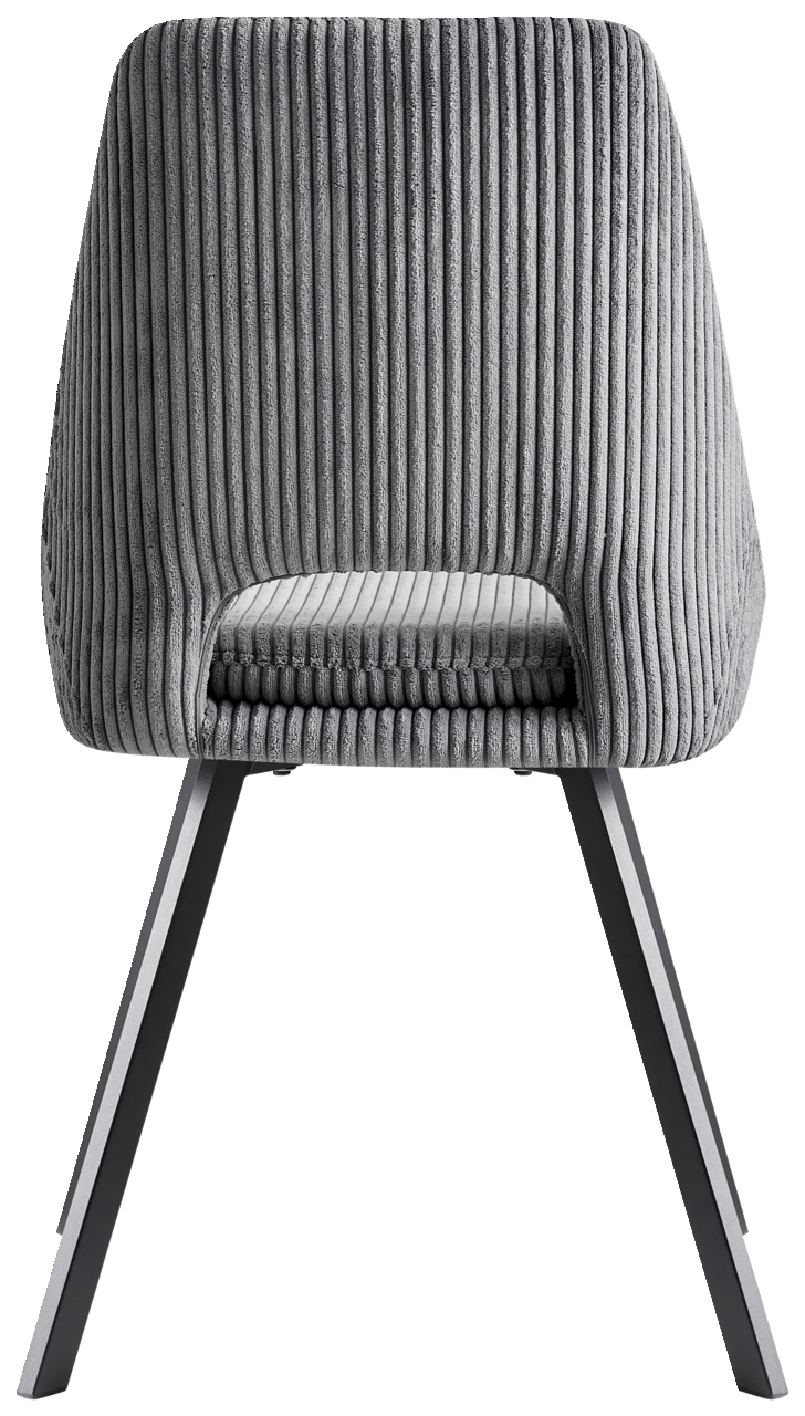 Rückansicht eines modernen grauen Stuhls mit geripptem Stoffbezug und schwarzen Metallbeinen.