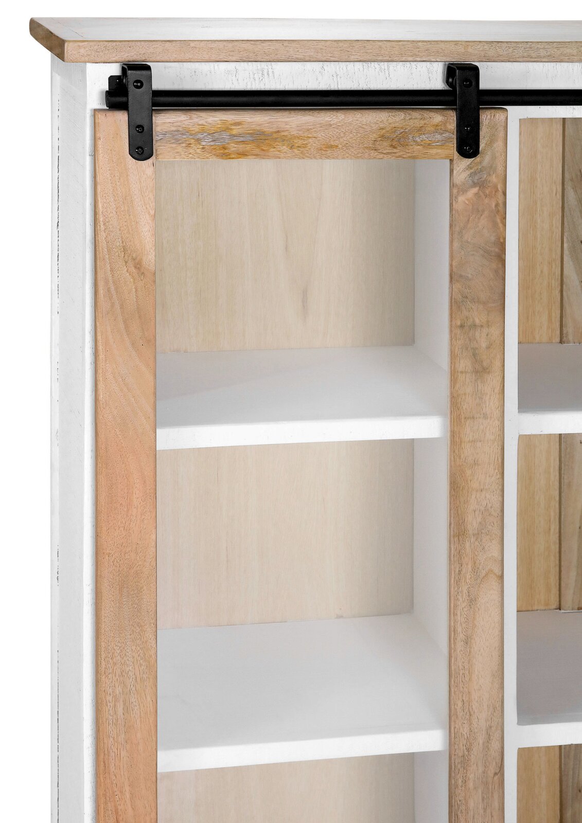 Detailansicht eines Buffet-Aufsatzes mit Schiebetür aus Holz und Metallbeschlägen, seitliche Perspektive.