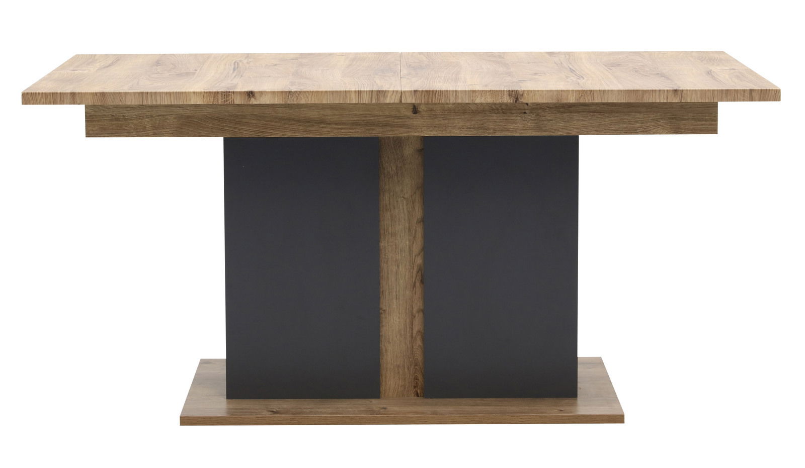 Moderner Esstisch aus Holz mit dunklem Mittelteil, Frontalansicht