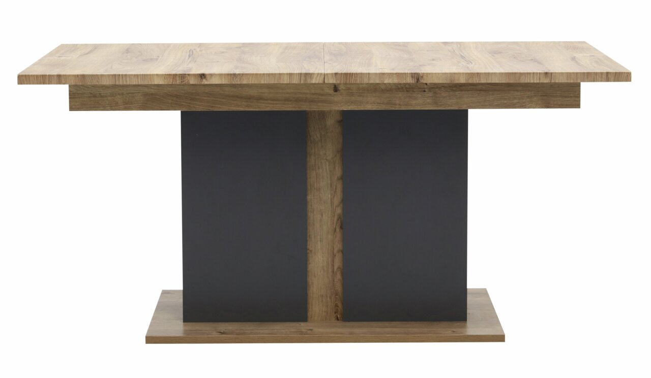 Moderner Esstisch aus Holz mit dunklem Mittelteil, Frontalansicht